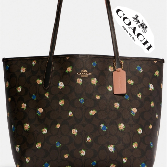 Coach City Tote In Signature Canvas With Vintage Mini Rose Print - Picture 2 of 5